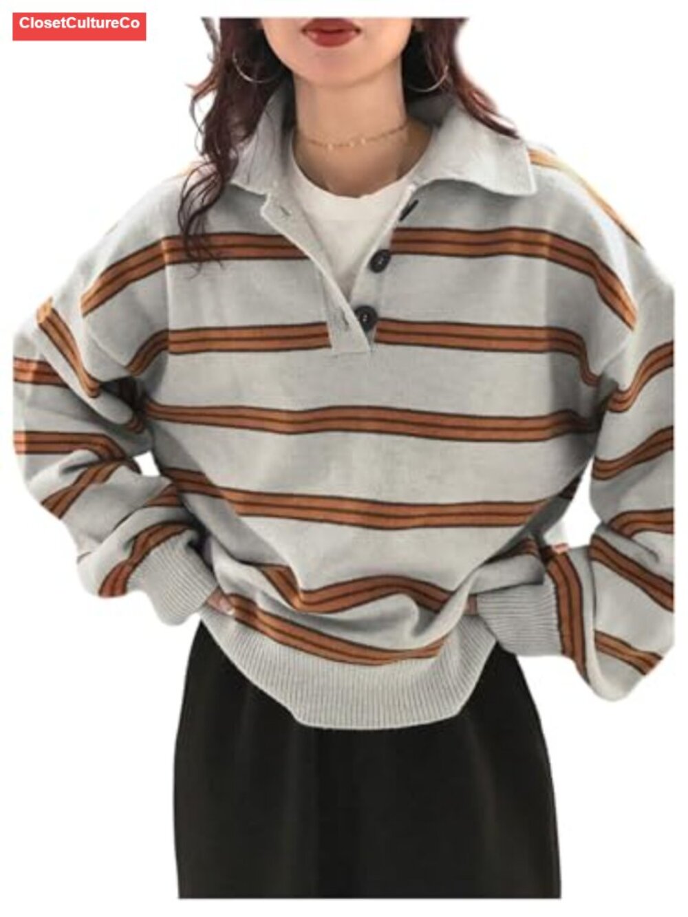 Y2k Striped Knit Rugby Sweater Long Sleeve Oversized Pullover